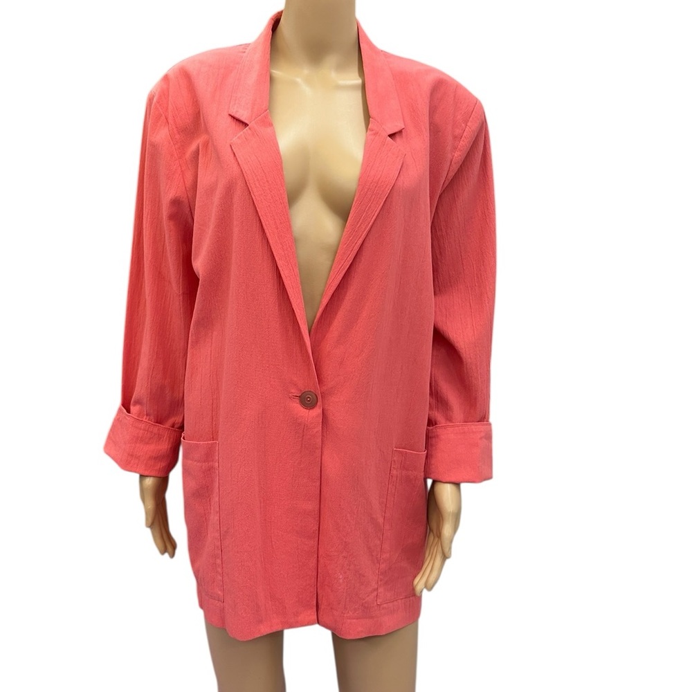Vintage Cotton Crinkle Coral Cabin Creek Blazer Jacket Shoulder Pads Pockets 14
